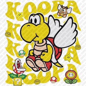 Puede incluir: Un personaje Koopa Troopa amarillo con alas blancas, caparazón rojo y zapatos rojos, rodeado de otros elementos del juego Super Mario Bros. Incluye un Goomba, monedas, estrellas, una planta Piraña y un bloque de interrogación.