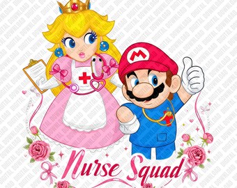 Mario Nurse Squad PNG Princess Peach sjuksköterska rosa klänning medicinsk vårdarbetare gåva sublimering DTF överföring digital nedladdning konstklistermärke