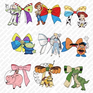 May include: A selection of cartoon character-themed bows in various colours. The bows feature characters such as Buzz Lightyear and Woody. Each bow has a unique design with vibrant colours and character-specific details, ideal for themed crafts or accessories.