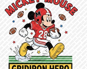 Musse Pigg Gridiron Hero PNG Fotboll Musse Sublimering Hjälm Jersey 28 DTF Transfer Digital Nedladdning Konst Karaktär Klistermärke Grafik