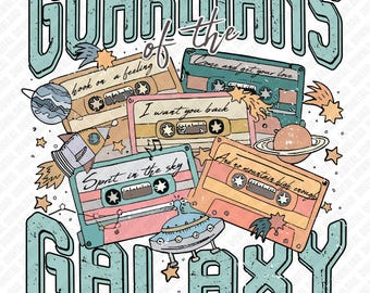 Guardians of the Galaxy PNG kassettbandscollage, sublimering av retro 80-talssoundtrack, överföring av Star Lord-musik DTF, fantastisk mix av digital konst