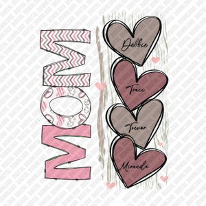 May include: A digital design featuring the word "MOM" in a pink, gray, and white color scheme. To the right are four heart shapes with names: Debbie, Traci, Trevor, and Miranda. Small pink hearts are scattered around the design.