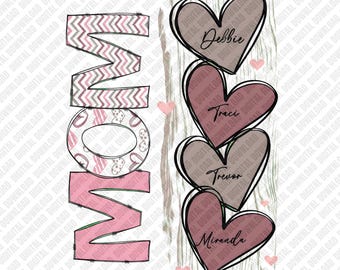 Mom PNG Personalized Kids Names Mother's Day Gift Sublimation DTF Transfer Digital Download Art Chevron Pattern Heart Stack Graphic Design