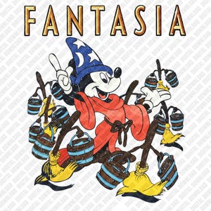 May include: A vintage-style illustration featuring Mickey Mouse as the Sorcerer's Apprentice from Fantasia. Mickey, in a blue wizard hat and red robe, gestures with a finger. The image includes the word "FANTASIA" in gold lettering, with brooms and buckets.