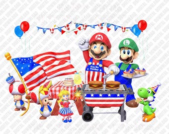 Grattis på 250-årsdagen Amerika PNG Mario-familjen 1776-2026 Patriotisk USA-flagga Picknick Sublimering DTF Transfer Digital Nedladdningsbar Konst