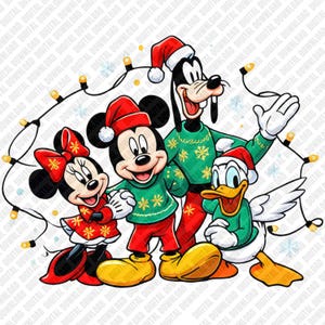 Julvänner ful tröja PNG, retro Mickey Minnie Mouse Goofy Kalle Anka-konst, vinterljus snöflinga-grafik för nedladdning DTF