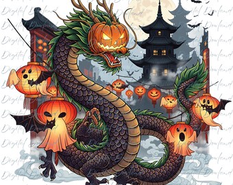 Halloween Dragon PNG, Jack O Lantern Dragon Sublimation, Purple Green Dragon Clipart, Asian Temple Spooky Dragon Art, Digital Download