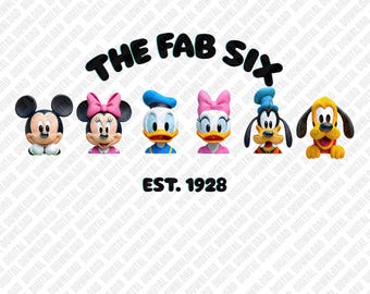 The Fab Six Est 1928 PNG Mickey Minnie Donald Daisy Goofy Pluto Sublimering DTF Transfer Digital Download Art Character Sticker Graphic