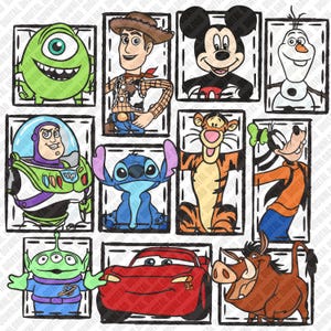 Peut inclure: Illustrations de personnages de dessins animés, dont Mike Wazowski, Woody, Mickey Mouse, Olaf, Buzz Lightyear, Stitch, Tigrou, Dingo, un extraterrestre, une voiture de course rouge et Pumbaa. Chaque personnage est dans un cadre rectangulaire.