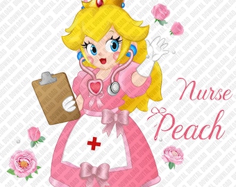 Sjuksköterska Peach PNG Prinsessa Medicinsk Professionell Hälsovård Hjälte Rosa Rosor Hjärtan Mushroom Kingdom Sublimering DTF Transfer Digital Nedladdning