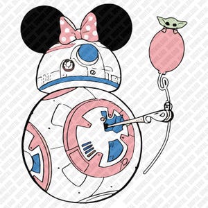 May include: A digital illustration of a BB-8 droid with Minnie Mouse ears and a pink polka dot bow. The droid is holding a pink balloon with a Grogu character on top. The design features pink, blue, and white colors.