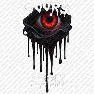 May include: A digital graphic featuring a red eye with a black, dripping substance around it. The word "DOORS" is at the top in white, stylized lettering. The design has a gothic or horror theme.