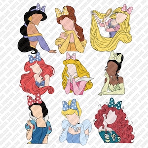 以下が含まれることがあります： 9人のディズニーのプリンセスの漫画イラストのコレクション。各プリンセスは肩から上、髪、リボン、象徴的な衣装に焦点を当てて描かれています。プリンセスには、ジャスミン、ベル、ラプンツェル、アリエル、オーロラ、ティアナ、白雪姫、シンデレラ、メリダが含まれます。
