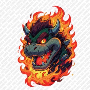 May include: A digital illustration of a Bowser character surrounded by flames. The character features a green snout, red eyes, and blue horns. The flames are orange and yellow, creating a dynamic and fiery effect.