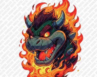 Download digital em PNG do Mario Bowser, design do Rei Koopa em chamas para impressão DTF e sublimação, clipart do personagem Bowser do videogame, gráfico do vilão flamejante.
