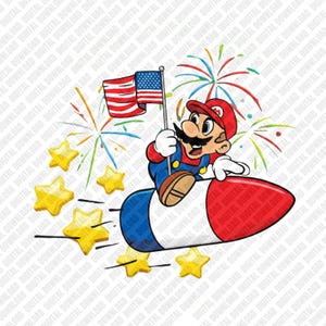 May include: A digital illustration of a cartoon character riding a red, white, and blue rocket, holding an American flag. Fireworks and yellow stars are in the background, creating a patriotic theme.