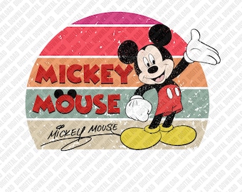 Mickey Mouse PNG, Sublimación de Atardecer Retro, Transferencia DTF de Mickey Vintage, Arte Digital de Personaje Desgastado