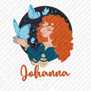 May include: A digital illustration featuring a woman with red curly hair, holding a blue butterfly. The woman is wearing a blue dress, and the name "Johanna" is written in orange script below. The background is a dark blue circle with stars and more butterflies.