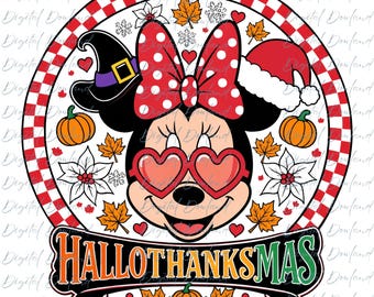 Minnie Mouse Hallothanksmas PNG, Witch Santa Hat Clipart, Heart Glasses Minnie PNG, Disney Halloween Design, Checkerboard Circle Art