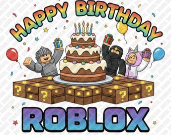 Grattis på födelsedagen Roblox PNG Gaming Födelsedagssublimering Ninja Knight Enhörningstårta Ballonger DTF Transfer Digital Nedladdning Konst Karaktärsklistermärke
