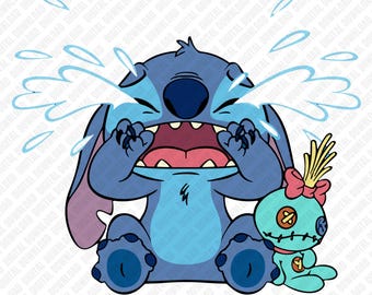 Gråtande stygn PNG, söt gråtande alien clipart, ledsen tecknad alien med docka PNG, rolig känslomässig stygndesign, tecknad sublimering PNG