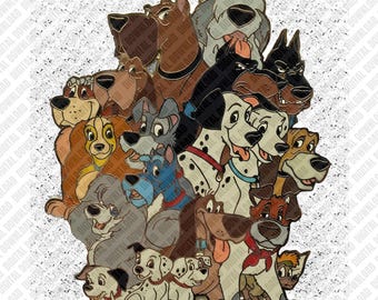 Retro Dogs Character Pile PNG, Vintage Cartoon Puppy Sublimation, Lady Tramp Dalmatians Digital Download, Dogs Group DTF Shirt Art