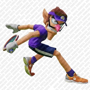 Könnte beinhalten: 3D-Darstellung einer Comicfigur in Bewegung. Die Figur trägt ein lila Hemd, blaue Shorts und orangefarbene Turnschuhe. Sie hat ein lila Visier, eine große Nase und ein verschmitztes Grinsen. Der Hintergrund ist ein sich wiederholendes Muster mit den Worten "DIGITAL DOWNLOAD".