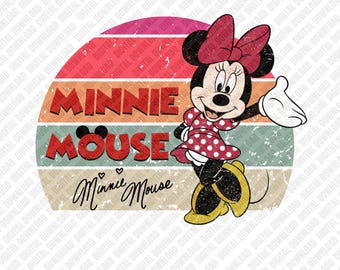 Minnie Mouse PNG, Sublimación Atardecer Retro, Transferencia DTF de Minnie Vintage, Descarga Digital de Personaje con Efecto Desgastado