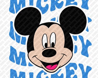 Mickey Mouse PNG Texto azul ondulado Sublimación Retro Mickey DTF Transferencia Personaje clásico Descarga digital Arte Disney Fan Art Póster Pegatina