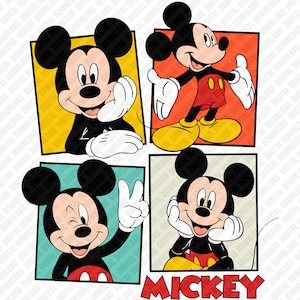 May include: A digital graphic featuring four panels of Mickey Mouse in various poses. Mickey is depicted in his classic black, red, yellow, and white color scheme. The word "MICKEY" is displayed in red block letters at the bottom.