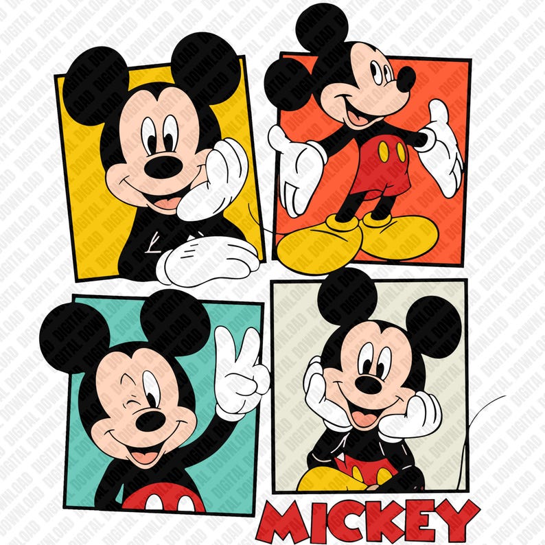 May include: A digital graphic featuring four panels of Mickey Mouse in various poses. Mickey is depicted in his classic black, red, yellow, and white color scheme. The word "MICKEY" is displayed in red block letters at the bottom.