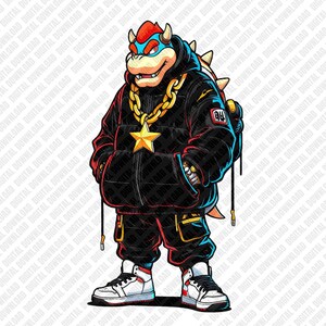 May include: Digital illustration of a Bowser-like character in a black puffer jacket, gold chain, and sneakers. The character has a red and blue head, a spiky shell, and is wearing black trousers with gold accents. The character is standing with a stern expression.