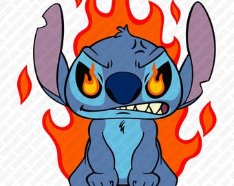 Stitch enojado PNG, imágenes prediseñadas de Stitch malvado, dibujos animados de alienígenas con ojos de fuego PNG, diseño divertido de villano Stitch, sublimación de dibujos animados PNG