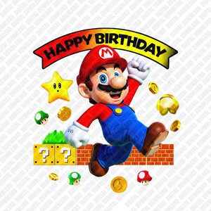 May include: A digital illustration featuring Mario from the Super Mario Bros. franchise, jumping with a celebratory pose. The image includes the text "HAPPY BIRTHDAY" above Mario, along with coins, a star, and other game elements.