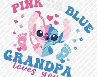 Il nonno ti vuole bene in rosa o blu PNG, design per maglietta di rivelazione del sesso con Stitch, annuncio di nascita a sublimazione, download digitale DTF per neo nonni