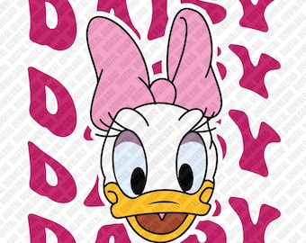 Daisy Duck PNG rosa con texto ondulado para sublimación, estilo retro, con transferencia DTF, personaje clásico, descarga digital, arte de Disney, póster y pegatina.