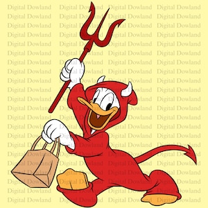 May include: A cartoon image of Donald Duck dressed as a devil, holding a red trident and two brown shopping bags. He is wearing a red devil costume with horns and a tail. The background is a light yellow color with the words "Digital Dowland" repeated.