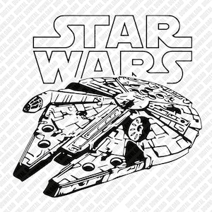 Może przedstawiać: Czarno-biała grafika statku kosmicznego Millennium Falcon z napisem "STAR WARS" powyżej. Statek kosmiczny jest bardzo szczegółowy, z różnymi panelami, wieżyczkami i kokpitem. Obraz jest do pobrania cyfrowo.
