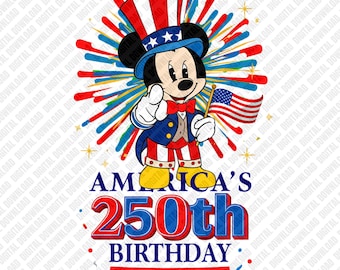 Amerikas 250:e födelsedag PNG Musse Pigg 1776-2026 Patriotiska USA-flaggan Uncle Sam-hatt Sublimering DTF Transfer Digital Download Character
