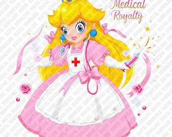 Sjuksköterska Peach PNG Prinsessa Medicinsk Professionell Hälsovård Hjälte Rosa Rosor Hjärtan Mushroom Kingdom Sublimering DTF Transfer Digital Nedladdning