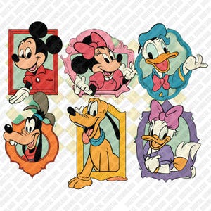 Könnte beinhalten: Sammlung von sechs Porträts von Disney-Charakteren im Vintage-Stil, darunter Micky Maus, Minnie Maus, Donald Duck, Goofy, Pluto und Daisy Duck. Jeder Charakter ist in einem dekorativen Rahmen dargestellt.