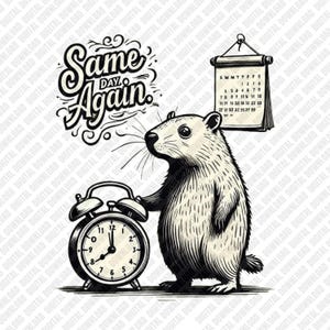 Peut inclure: Illustration en noir et blanc d'une marmotte avec un réveil et un calendrier. Le texte "Same Day Again" est au-dessus de la marmotte. L'horloge indique 7h00. Le calendrier affiche les jours du mois.