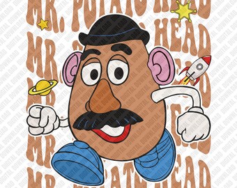 Imagen PNG de Mr. Potato Head, sublimación espacial de Toy Story, transferencia DTF retro de Pixar, descarga digital de juguetes clásicos.