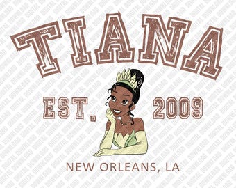 Tiana New Orleans PNG, Varsity Collegiate Est 2009 Sublimation Design, Princess and Frog Digital Download, Retro Varsity DTF Shirt Art