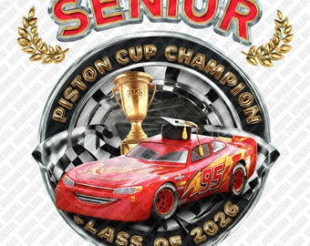 Lightning McQueen Senior 2026 PNG, Design di laurea del campione della Piston Cup, Download digitale della classe 2026 del film Cars, Trasferimento DTF Senior