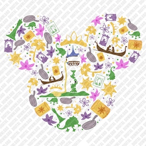 May include: A heart-shaped design filled with various cartoon illustrations. The image includes a tower, a boat with two people, suns, flowers, lanterns, frying pans, and a chameleon. The color palette consists of yellow, purple, green, brown, and white.