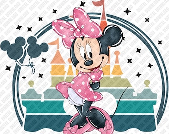 Minnie Mouse PNG, Castillo rosa retro por sublimación, Transferencia DTF vintage de Magic Kingdom, Arte digital con ambiente vacacional para descargar