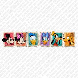 May include: A collection of six postage stamps featuring classic Disney characters. Mickey Mouse, Minnie Mouse, Donald Duck, Daisy Duck, Goofy, and Pluto are depicted in colorful illustrations on rectangular stamps with perforated edges.