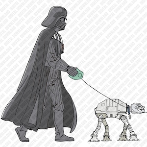 May include: Illustration of Darth Vader walking an AT-AT walker on a leash. Vader is in his signature black armor and cape. The AT-AT is a light gray color. The background is a repeating pattern of the words "DIGITAL DOWNLOAD".
