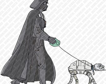 Darth Vader Walking PNG, Projekt koszulki z postacią z filmu Star, Zabawny clipart z galaktyką, Cyfrowe pobieranie Dark Side Walker DTF